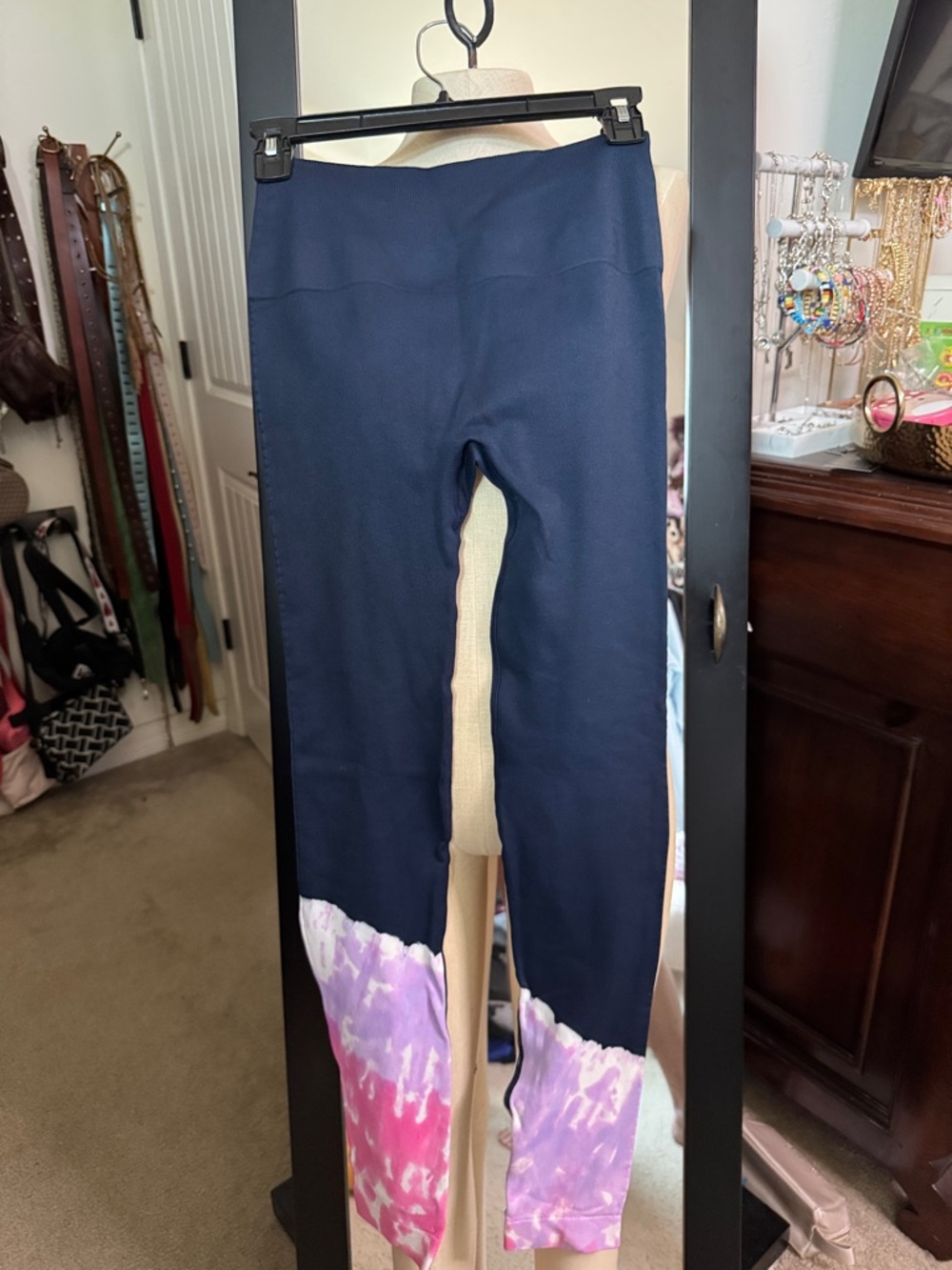Navy Leggings with Pink & Lavender Tie-Dye Hem - size S